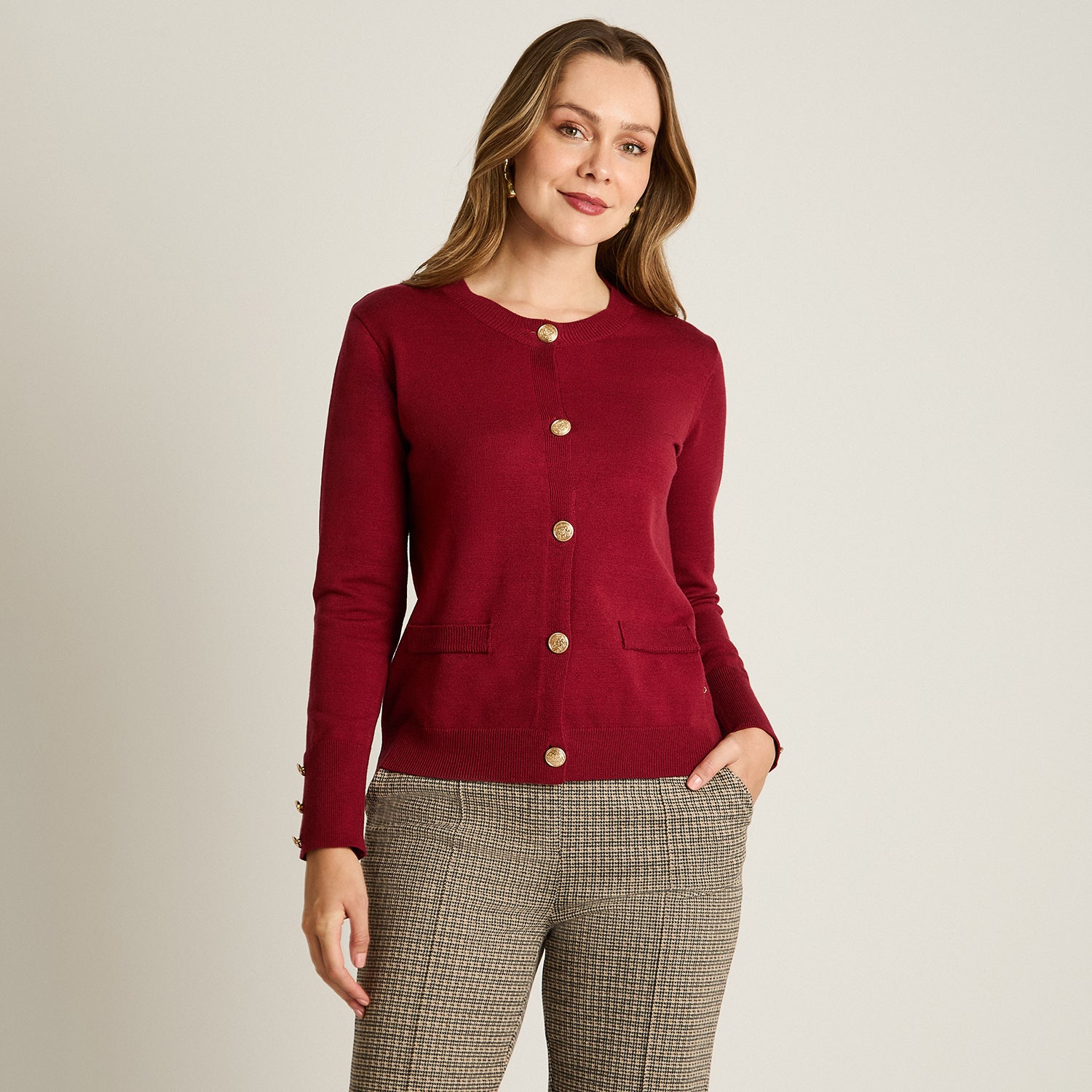 Cardigan Rojo Manga Larga Elasticidad Media Sin Forro Calce Normal Tela Tejido